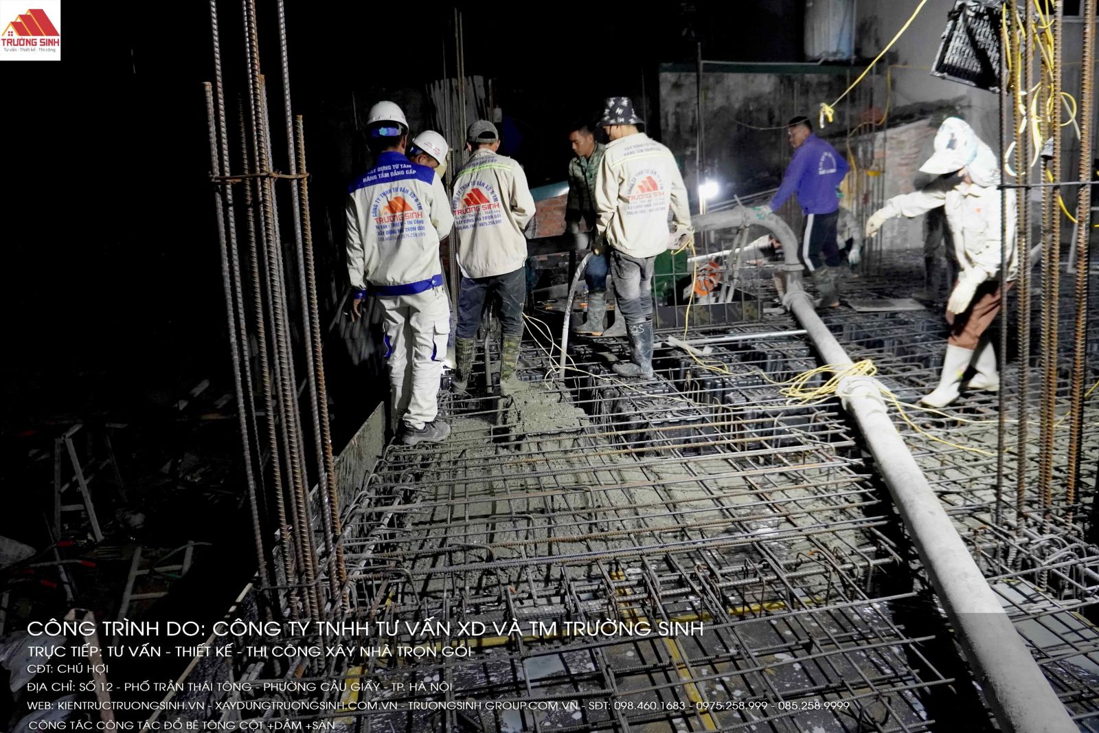 Đổ bê tông cột + dầm + sàn nền tầng 1