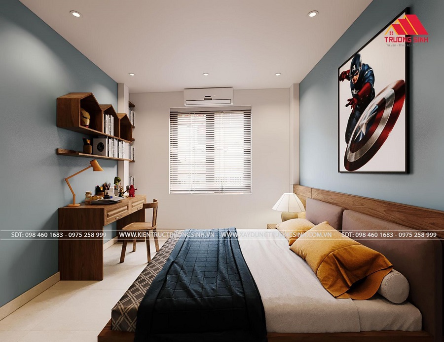 Nội thất phòng ngủ với giường, bàn làm việc bằng gỗ