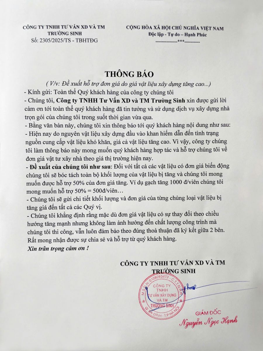 thông báo điều chỉnh giá vật liệu xây dựng